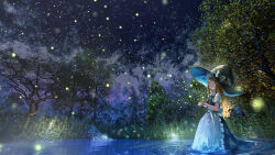 1girl absurdres apron black_hat black_skirt black_vest blonde_hair bow braid cloud commentary_request dedemaru fireflies forest hair_bow hat hat_bow highres kirisame_marisa long_hair nature night night_sky open_mouth outdoors ripples short_sleeves side_braid single_braid skirt sky solo star_(sky) touhou very_long_hair vest wading waist_apron water white_apron white_bow witch_hat yellow_eyes