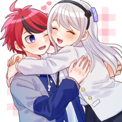 1boy 1girl ahoge black_hair black_skirt blue_eyes blush closed_eyes eyelashes fingernails heart highres hug kashimiya_karua long_hair long_sleeves messy_hair multicolored_eyes multicolored_hair one_eye_closed open_mouth pink_background pleated_skirt red_eyes red_hair simple_background skirt sumino_takumi the_hundred_line_-last_defense_academy- upper_body white_background white_hair