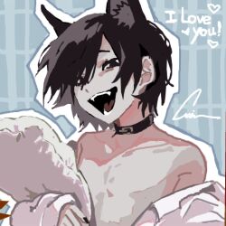 Rule 34 | 1boy, animal ears, black eyes, black hair, blue background, chino (sky tanosi), collar, commentary request, dog boy, dog ears, english text, fangs, holding, holding pillow, looking at viewer, male focus, original, pillow, shirt, shirt partially removed, short hair, solo, upper body, white shirt