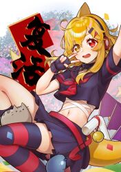 1girl bdsm belt blonde_hair bondage bound breasts chinese_text collar commentary_request cuffs-to-collar fins fish_tail hand_up headphones heterochromia hundan indie_virtual_youtuber kaofish looking_at_viewer navel open_mouth red_eyes skirt socks solo striped_clothes striped_socks tail thighhighs v yellow_eyes