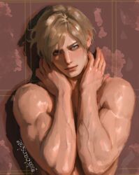 Rule 34 | 1boy, bara, biceps, blonde hair, blue eyes, closed mouth, commentary, curtained hair, english commentary, godsbanshee, leon s. kennedy, looking at viewer, male focus, muscular, muscular male, pectorals, resident evil, short hair, solo, topless male, upper body, veins, veiny arms