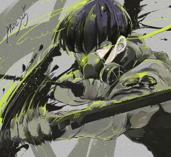 Rule 34 | 1boy, artist name, black hair, bowl cut, gas mask, holding, holding sword, holding weapon, hoshina soshiro, kaijuu no. 8, male focus, mask, moc325, one eye closed, short hair, solo, sword, unusually open eyes, upper body, weapon
