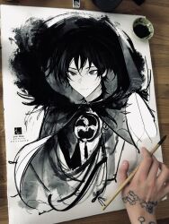 Rule 34 | 1boy, alticute, art tools in frame, artist&#039;s hand in frame, artist name, bilibili logo, calligraphy brush (medium), closed mouth, coat, cropped torso, fatui coat, fur-trimmed hood, fur trim, genshin impact, greyscale, hair between eyes, highres, hood, hood up, hooded coat, lapels, male focus, mandarin collar, monochrome, open clothes, open coat, photo (medium), scaramouche (genshin impact), shirt, short hair, sketch, smile, solo, tassel, tiktok logo, traditional media, tsurime, upper body