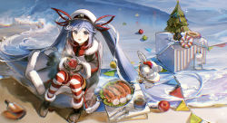 1girl 1other absurdly_long_hair absurdres animal animal_on_head beach black_coat black_footwear black_gloves black_necktie blouse blue_eyes blue_hair boots bottle chair christmas_ornaments christmas_tree chromatic_aberration coat commentary crab cup fork from_above fur-trimmed_boots fur-trimmed_coat fur-trimmed_hood fur_trim gloves hair_ribbon hat hatsune_miku highres holding holding_cup hood innertube jacket lifebuoy long_hair looking_at_viewer looking_up military military_uniform mushroom napkin naval_uniform necktie on_head open_mouth peaked_cap pot rabbit rabbit_yukine red_legwear red_pupils red_ribbon red_shirt ribbon rumoon sand shirt shrimp sitting smile spoon steam string_of_flags striped_clothes striped_legwear striped_thighhighs swim_ring thighhighs twintails very_long_hair vocaloid waves wavy_hair white_headwear white_jacket yuki_miku yuki_miku_(2022)