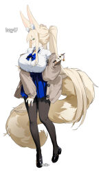 1girl animal_ear_fluff animal_ears black_pantyhose black_shoes blonde_hair blue_bow blue_skirt bow breasts brown_cardigan buttons cardigan cellphone fox_ears fox_girl fox_girl_miko_(7317helic) fox_tail full_body green_eyes helic_(7317helic) highres large_breasts long_hair long_sleeves looking_to_the_side open_mouth original pantyhose phone pleated_skirt ponytail school_uniform shirt shoes signature simple_background skirt smartphone solo standing tail very_long_hair white_background white_shirt
