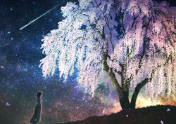 1girl cherry_blossoms commentary_request dress has_bad_revision has_watermarked_revision kun52 landscape night night_sky original outdoors scenery shooting_star short_hair sky standing star_(sky) starry_sky tree wide_shot