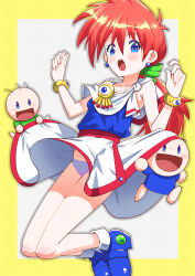 1girl absurdres bow collarbone dress earrings emiri_(gussun_oyoyo) full_body gussun_oyoyo hair_bow highres jewelry long_hair looking_at_viewer open_mouth ponytail red_hair shiny_clothes skirt spot_color toku_sonchou