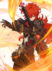 Rule 34 | axin, diluc (genshin impact), fire, genshin impact, gloves, highres, jewelry, long hair, ponytail, red eyes, red hair, ribbon, standing, sword, weapon