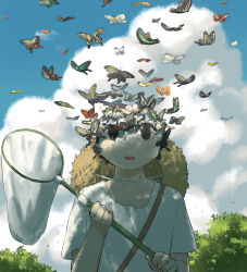1other abstract absurdres avogado6 blue_sky bug butterfly butterfly_net cloud commentary_request day hand_net hat highres holding holding_butterfly_net insect open_mouth original outdoors shirt short_sleeves sky solo teeth tree upper_body white_shirt yellow_hat