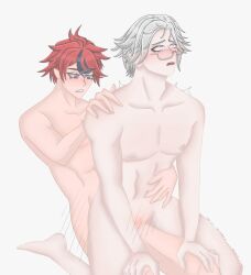 2boys abs ahoge aotsuki_eito bare_arms bare_hips bare_legs bare_pectorals bare_shoulders barefoot black_hair blue_eyes blush collarbone completely_nude cuntboy cuntboy_penetrated cuntboy_with_male full_body glasses male_focus messy_hair multicolored_hair multiple_boys muscular muscular_male nipples nude open_mouth pectorals red_hair sex simple_background streaked_hair sumino_takumi teeth the_hundred_line_-last_defense_academy- white_background white_hair