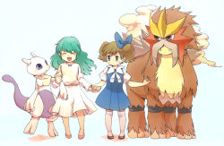 2girls ^_^ amber_(pokemon) ambertwo_(pokemon) blue_eyes bow brown_hair closed_eyes dress entei gen_1_pokemon gen_2_pokemon green_hair hair_bow holding_hands legendary_pokemon mewtwo molly_hale multiple_girls nintendo norisa open_mouth pokemon pokemon:_the_first_movie_-_mewtwo_strikes_back pokemon_(anime) pokemon_(classic_anime) pokemon_(creature) pokemon_3:_the_movie_-_spell_of_the_unown:_entei simple_background smile