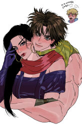 Rule 34 | 1girl, 2boys, battle tendency, blush, caesar anthonio zeppeli, headband, highres, hug, hug from behind, jojo no kimyou na bouken, joseph joestar, joseph joestar (young), lisa lisa, long hair, mature female, multiple boys, pinkteest, scarf