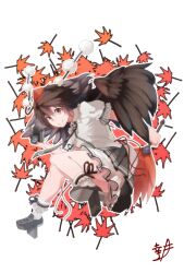 Rule 34 | 1girl, autumn leaves, black hair, black necktie, black rope, black skirt, black wings, camera, commentary request, feathered wings, full body, geta, hand fan, hat, hauchiwa, holding, holding camera, holding fan, kozuki0912, leaf, maple leaf, necktie, pom pom (clothes), red eyes, red hat, rope, shameimaru aya, shirt, short hair, short sleeves, skirt, smile, socks, solo, split mouth, tengu-geta, tokin hat, touhou, white background, white shirt, white socks, wings