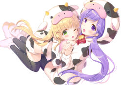 2girls :d :o animal_ears animal_hood animal_print bell between_breasts black_thighhighs blonde_hair blush boots bow bra breasts commentary_request cow cow_ears cow_horns cow_print cowbell cropped_hoodie eyelashes eyes_visible_through_hair fingernails floating_hair foreshortening full_body green_eyes hair_between_eyes hair_ornament head_between_breasts holding_hands hood hoodie horns hoshimame_mana hug interlocked_fingers kneeling large_breasts long_hair looking_at_viewer low_twintails mizuori_shizuku multiple_girls open_mouth pink_boots pink_bra purple_eyes purple_hair red_bow shorts simple_background sitting skindentation smile sparkle summer_pockets thighhighs thighs tsumugi_wenders twintails underwear very_long_hair white_background white_hoodie white_shorts wings x_hair_ornament yuri