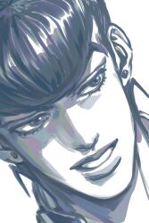 1boy earrings eyelashes greyscale hashtag-only_commentary higashikata_josuke highres jewelry jojo_no_kimyou_na_bouken looking_to_the_side male_focus monochrome parted_lips pompadour portrait santamanymany simple_background solo v-shaped_eyebrows