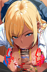 Rule 34 | 1boy, 1girl, blonde hair, blue eyes, blue lips, blue scrunchie, bracelet, breasts, ear piercing, fellatio, fingernails, gyaru, hetero, jewelry, large breasts, lips, lipstick, long fingernails, long hair, looking at viewer, makeup, male pubic hair, motion lines, nail polish, open clothes, oral, original, penis, piercing, pleated skirt, pov, pov crotch, pubic hair, red nails, ring, school uniform, scrunchie, skirt, smeared lipstick, solo focus, wing collar, wrist scrunchie