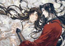 2boys absurdly_long_hair arm_at_side bandaged_neck bandaged_wrist bandages beads black_gauntlets black_hair bracelet braid brown_hair chinese_clothes closed_eyes collarbone couple cowboy_shot curtained_hair dutch_angle eyepatch facing_viewer falling_flower falling_petals fingernails floral_background flower from_above gauntlets glowing glowing_petals grin hair_beads hair_bun hair_ornament hair_ribbon hair_spread_out hand_up hanfu happy highres holding_hands hua_cheng interlocked_fingers jewelry laughing light_particles light_smile long_hair lying male_focus mandarin_collar messy_hair multiple_boys muted_color necklace on_back on_floor on_side pale_color pale_skin parted_bangs parted_lips petals profile red_hanfu ribbon ronpu_cooing side-by-side side_braid silver_bracelet silver_necklace simple_background single_braid single_hair_bun smile straight_hair swept_bangs tianguan_cifu upper_body very_long_hair white_background white_flower white_hanfu white_petals white_ribbon wide_sleeves xie_lian yaoi