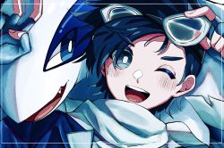 1boy ;d adjusting_goggles black_hair bright_pupils commentary_request creatures_(company) ethan_(pokemon) ethan_(sygna_suit)_(pokemon) fingerless_gloves framed game_freak gen_2_pokemon giyu38_5bw gloves goggles goggles_on_head grey_eyes hands_up happy highres jacket legendary_pokemon lugia male_focus nintendo official_alternate_costume one_eye_closed open_mouth pokemon pokemon_(creature) pokemon_masters_ex scarf short_hair smile teeth tongue upper_teeth_only white_pupils