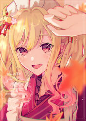 1girl :d alternate_costume apron arm_up blonde_hair blurry blurry_foreground blush commentary_request eyelashes flan_chan frilled_apron frills gradient_hair hair_between_eyes hair_ornament highres inset_border japanese_clothes kimono leaf long_hair long_sidelocks looking_at_viewer maple_leaf multicolored_hair open_mouth pink_eyes pink_hair pink_kimono portrait project_sekai sidelocks smile solo tenma_saki twintails twitter_username watermark white_apron white_headdress yukata