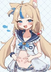 1girl absurdres ahoge animal_ear_fluff animal_ears bikini bikini_under_clothes blonde_hair blue_bikini blue_eyes blue_hair blush breasts cat_ears dress highleg highleg_bikini highres indie_virtual_youtuber long_hair looking_at_viewer low_twintails multicolored_hair navel nekomotowata one_side_up open_mouth sameko_saba sleeveless sleeveless_dress small_breasts smile solo streaked_hair swimsuit teeth twintails upper_teeth_only very_long_hair virtual_youtuber white_dress