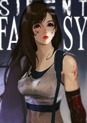 1girl absurdres arm_armor bare_shoulders black_hair blood breasts crop_top detached_sleeves eyelashes final_fantasy final_fantasy_vii final_fantasy_vii_remake fumezu1 highres large_breasts long_hair midriff red_lips silent_hill_(series) skirt solo suspender_skirt suspenders tank_top tifa_lockhart white_tank_top