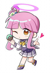 1girl asymmetrical_hair blunt_bangs chibi chibi_only donut food frilled_socks frills full_body grey_skirt grey_wings hair_bun hands_up heart holding holding_food index_finger_raised inotaso leaning_forward long_sleeves middle_part neckerchief nina_(puyopuyo) no_nose one_eye_closed one_side_up pink_hair purple_shirt puyopuyo puyopuyo_quest raised_eyebrows sailor_collar shirt short_hair_with_long_locks side_ahoge sidelocks single_hair_bun skirt socks solo standing standing_on_one_leg tachi-e two-tone_shirt white_shirt white_socks wings yellow_neckerchief