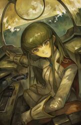 1girl absurdres c.c. code_geass collared_shirt green_hair highres horizon kornod long_hair looking_at_viewer ocean orange_eyes shirt sitting solo vehicle_interior white_shirt