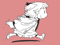1girl animal_ears closed_mouth commentary_request dog_ears dog_girl dog_tail dress floppy_ears full_body jacket kasodani_kyouko looking_afar naruto_run onikobe_rin open_clothes open_jacket pink_background running shoes short_hair simple_background smile solo tail touhou |_|