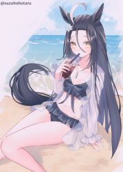 1girl ahoge animal_ears bangs_pinned_back beach bikini black_bikini black_bow black_hair blue_sky bow bow_bikini breasts cup day disposable_cup drinking drinking_straw feet_out_of_frame flower frilled_bikini frills hair_between_eyes hair_flower hair_ornament highres holding holding_cup horse_ears horse_girl horse_tail jacket jewelry long_hair long_hair_between_eyes looking_at_viewer manhattan_cafe_(the_bubbles_that_i_see_with_you)_(umamusume) manhattan_cafe_(umamusume) multicolored_hair navel necklace ocean official_alternate_costume official_alternate_hairstyle outdoors see-through_clothes see-through_jacket sitting sky small_breasts solo suzuho_hotaru swimsuit tail twitter_username umamusume very_long_hair water white_flower yellow_eyes