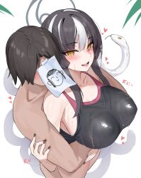 1boy 1girl absurdres azami_(blue_archive) bare_shoulders black_hair black_nails blue_archive blush breasts doodle_sensei_(blue_archive) fluffyebi01 grey_halo halo heart hetero highres hug hug_from_behind large_breasts long_hair looking_at_viewer multicolored_hair one-piece_swimsuit open_mouth sensei_(blue_archive) simple_background slit_pupils smile snake snake_hair sweat swimsuit tongue two-tone_hair white_background white_hair white_snake yellow_eyes