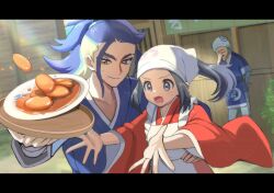 Rule 34 | 1girl, 2boys, adaman (pokemon), akari (pokemon), ako (rawhji0rdbsmzf7), apron, bandaged arm, bandages, beni (pokemon), black hair, blue eyes, blue eyeshadow, blue hair, blue kimono, brown eyes, building, catching, closed mouth, commentary, dutch angle, eyeshadow, facial hair, food, frilled apron, frills, goatee, green hair, grey hair, hand on own face, hand on own hip, headscarf, holding, holding tray, imomochi, japanese clothes, kimono, letterboxed, long hair, makeup, multiple boys, mustache, nintendo, open mouth, outdoors, outstretched arms, plate, pokemon, pokemon legends: arceus, ponytail, red kimono, short hair, sidelocks, small sweatdrop, smile, standing, sunlight, tray, white headscarf, wooden tray