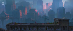 1boy artist_name black_hair blue_shorts blue_sky building chinese_commentary city commentary_request construction dragon_hat from_behind hat highres holding holding_unworn_clothes holding_unworn_hat industrial on_rooftop original pink_sky red_hat satellite_dish shirt short_hair shorts sky skyscraper standing sunset unworn_hat unworn_headwear watermark white_shirt wide_shot zimuyu_zim
