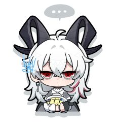 Rule 34 | ..., 1girl, ahoge, animalization, armband, black armband, black choker, black eyes, black gloves, black horns, black jacket, choker, closed mouth, commentary, curled horns, dog-san, earrings, gloves, grey hair, hair between eyes, highres, horns, jacket, jacket on shoulders, jewelry, key earrings, long hair, looking at viewer, mole, mole under eye, multicolored eyes, multicolored hair, phoebe (wuthering waves), red eyes, shirt, simple background, solo, spoken ellipsis, straight-on, streaked hair, symbol-only commentary, two-tone eyes, white background, white shirt, wuthering waves, zani (wuthering waves)