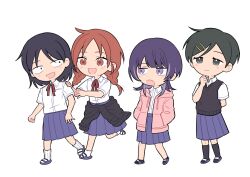 Rule 34 | 4girls, :d, :o, arm behind back, black eyes, black hair, black socks, black sweater vest, blunt bangs, blush, braid, breast pocket, brown eyes, brown hair, chibi, chibi only, clothes around waist, collared shirt, commentary request, dress shirt, fujii ayame, full body, futsuu no keion-bu, grey eyes, hair ornament, hairpin, hand on another&#039;s shoulder, hand up, hands in pockets, hatono chihiro, heartbreak (futsuu no keion-bu), highres, hood, hood down, hooded jacket, jacket, jacket around waist, kouyama rin, long hair, looking at another, mole, mole under eye, multicolored hair, multiple girls, neck ribbon, open clothes, open jacket, open mouth, osada sushi, parted bangs, pink jacket, pixie cut, pleated skirt, pocket, purple eyes, purple hair, purple sandals, purple skirt, red ribbon, ribbon, sandals, sanpaku, school uniform, shirt, shirt tucked in, short hair, short sleeves, skirt, slides, smile, socks, standing, summer uniform, sweater vest, twin braids, twintails, two-tone hair, uchida momo, white shirt, white socks, wing collar, wolf cut