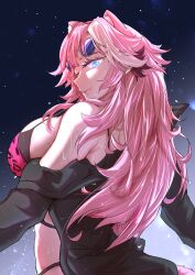 Rule 34 | 1girl, absurdres, animal ears, animal print, black jacket, blue eyes, breasts, cat ears, cat girl, closed mouth, fang, highres, hololive, hololive english, jacket, large breasts, lavendulan, leopard print, long hair, night, night sky, official alternate costume, official alternate eye color, raora panthera, raora panthera (holonatsu paradise), sideboob, sky, smile, solo, star (sky), starry sky, sunglasses, virtual youtuber, wet