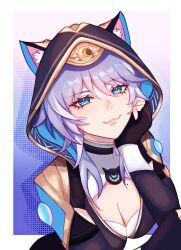 Rule 34 | 1girl, animal ear fluff, animal ears, animal hood, black gloves, black hood, blue background, blue eyes, breasts, cat ears, cat girl, cat hood, cipher (honkai: star rail), cleavage, commentary, english commentary, fingerless gloves, gloves, grey hair, highres, honkai: star rail, honkai (series), hood, large breasts, mole, mole on breast, ryn (mozqiu), short hair with long locks, solo, upper body