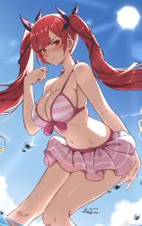 1girl absurdres azur_lane bare_shoulders bikini blue_sky blush cloud collarbone commission dated embarrassed highres honolulu_(azur_lane) leaning_forward long_hair looking_at_viewer navel ocean pink_bikini pixiv_commission red_eyes red_hair signature sky solo sun sundajin_asagi swimsuit twintails very_long_hair