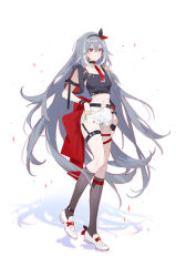 Rule 34 | 1girl, absurdres, alternate costume, arm cutout, belt, black belt, black socks, closed mouth, earrings, floating hair, full body, grey background, grey hair, herrscher of sentience, highres, honkai (series), honkai impact 3rd, jewelry, kneehighs, long hair, looking at viewer, looking to the side, midriff, multicolored hair, pmg, red eyes, shadow, shoes, shorts, simple background, smile, socks, solo, standing, streaked hair, thigh strap, very long hair, white hair, white shoes, white shorts