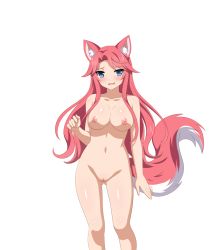 1girl animal_ears blue_eyes blush breasts cleft_of_venus collarbone embarrassed fox_ears fox_girl fox_tail game_cg gluteal_fold groin highres large_breasts legs long_hair looking_at_viewer nipples nude out_of_frame pink_hair pussy sakura_dungeon shiny_skin smile solo standing tagme tail thighs third-party_edit uncensored wanaca white_background yomi_(sakura_dungeon)