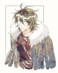 Rule 34 | 1boy, black eyes, black jacket, brown hair, collarbone, commentary request, cropped torso, fur-trimmed jacket, fur trim, gogugogu45, hair between eyes, highres, isoi reiji, jacket, korean commentary, long sleeves, male focus, open clothes, open jacket, red shirt, saibou shinkyoku, shirt, short hair, solo, white background