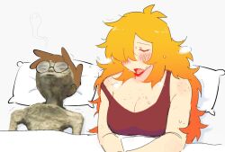 1boy 1girl aftersex alien bare_shoulders blonde_hair blush breasts brown_hair cleavage closed_eyes collarbone fang firemauer freckles gradient_hair hair_over_one_eye large_breasts long_hair lying meme mexico_ufo_alien_bodies_hearing_(meme) multicolored_hair nerd_and_jock on_back open_mouth orange_hair pillow short_hair simple_background tiger_(nerd_and_jock)