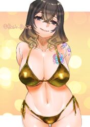 1girl bikini bloodstained:_ritual_of_the_night blue_eyes breast_tattoo breasts brown_hair cleavage commentary cowboy_shot english_commentary gold_bikini golden_week golden_week_bikini large_breasts looking_at_viewer medium_hair miriam_(bloodstained) rosie_rosie shoulder_tattoo side-tie_bikini_bottom smile solo swimsuit tattoo twitter_username