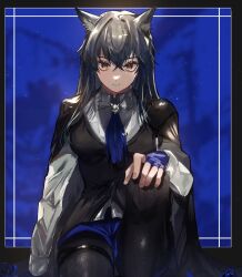 1girl a6_9s_rinlin animal_ear_fluff arknights black_eyes black_hair black_pantyhose black_vest blue_background bolo_tie closed_mouth collared_shirt commentary_request crossed_bangs expressionless fingerless_gloves fingernails gloves hair_between_eyes hand_on_own_knee highres knee_up light_particles long_hair long_sleeves looking_at_viewer multicolored_eyes pantyhose purple_gloves shirt sitting solo split_mouth texas_(arknights) texas_the_omertosa_(arknights) thigh_strap two-tone_eyes vest white_shirt yellow_eyes
