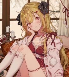 1girl black_bow blonde_hair blush bow breasts camisole candle cleavage closed_mouth commentary curtains hair_bow hair_ornament hand_on_own_cheek hand_on_own_face hand_up heart heart_o-ring highres indoors jacket kneehighs long_hair looking_at_viewer medium_breasts o-ring off_shoulder open_clothes open_jacket original red_camisole red_eyes signature sitting smile socks solo symbol-only_commentary thigh_strap white_jacket white_socks window yutsumoe