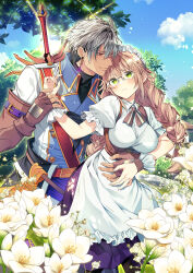 1boy 1girl absurdres apron black_pantyhose blush bow bowtie braid breasts buttons closed_mouth cloud cloudy_sky commentary_request cowboy_shot day earrings elbow_gloves fingerless_gloves flower frilled_cuffs frilled_sleeves frills glasses gloves green_eyes grey_hair hand_on_another&#039;s_hand highres holding_another&#039;s_wrist hug hug_from_behind jewelry lens_flare light_particles lily_(flower) long_hair looking_at_another looking_up maid maid_apron maid_headdress medium_breasts original pantyhose puffy_sleeves red_eyes scar scar_on_face sheath sheathed shiosato_jun short_hair short_sleeves sky sun sunlight sword sword_on_back tree twin_braids weapon weapon_on_back wrist_cuffs