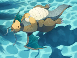 1other closed_eyes closed_mouth dragon dragonite floating fusenryo gen_1_pokemon hand_on_own_stomach lying lying_on_water nintendo no_humans on_back on_water palm_leaf pokemon pokemon_(creature) shadow solo tagme water