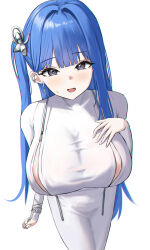 Rule 34 | 1girl, absurdres, arcana (nikke), blue hair, breast zipper, breasts, covered collarbone, dress, earrings, foreshortening, goddess of victory: nikke, hair intakes, highres, jewelry, large breasts, liiigang, long sleeves, looking at viewer, one side up, tight clothes, tight dress, white background