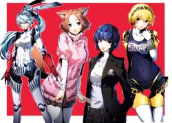 4girls aigis_(persona) android blonde_hair blue_hair breasts closed_mouth double_v highres joints labrys_(persona) long_hair looking_at_viewer multiple_girls nakano_maru okumura_haru persona persona_3 persona_4:_the_ultimate_in_mayonaka_arena persona_5 pleated_skirt ponytail robot_joints school_swimsuit school_uniform short_hair skirt smile swimsuit takemi_tae v