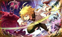 Rule 34 | 1girl, 4boys, aiming, ban (nanatsu no taizai), blonde hair, blue sky, bow (weapon), brown hair, cloud, commentary, day, diane (nanatsu no taizai), energy arrow, energy weapon, gowther, green eyes, green pants, highres, holding, holding bow (weapon), holding polearm, holding sword, holding weapon, king (nanatsu no taizai), long hair, meliodas, multiple boys, nanatsu no taizai, official art, pants, polearm, second-party source, shirt, short sword, sky, spear, sword, ta ga tame no alchemist, weapon, white shirt