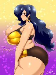1girl ass blue_hair bra breasts bursting_breasts earrings highres huge_ass huge_breasts jewelry long_hair nail_polish original panties plump solo speeds thick_thighs thighs underwear yellow_eyes